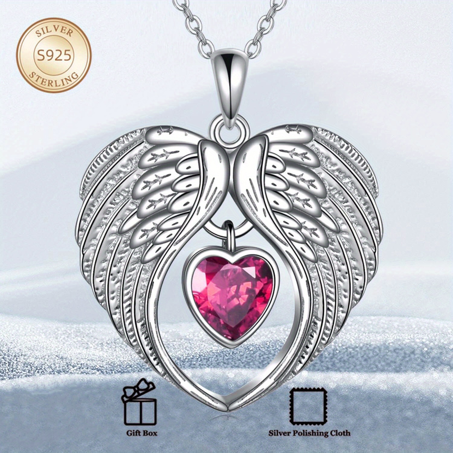 Women's Silvery Angel Wing Pendant Necklace with July Birthstone